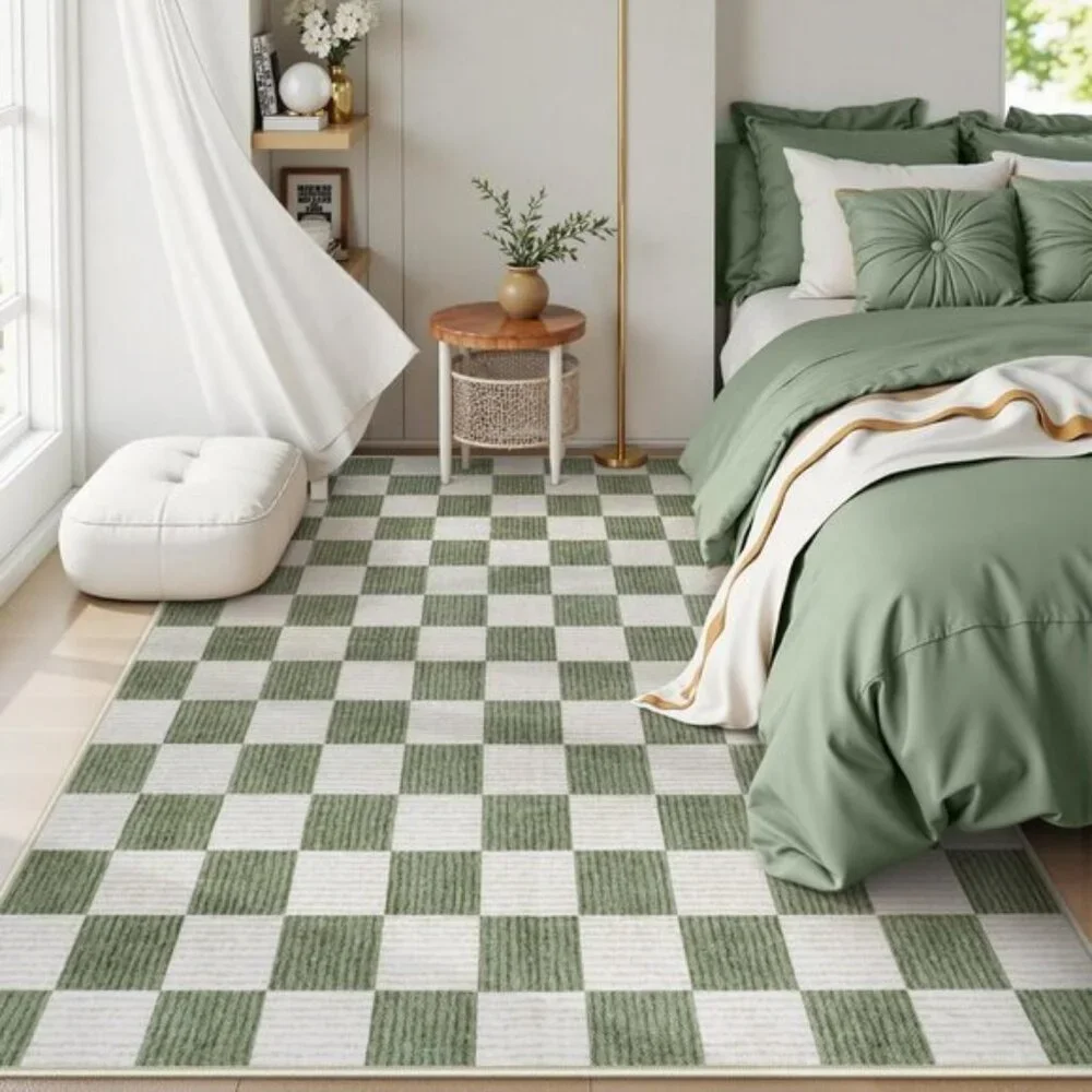 New 5x7 Green Checkered Area Rug, Washable Non-Slip Modern Carpet for Any Room